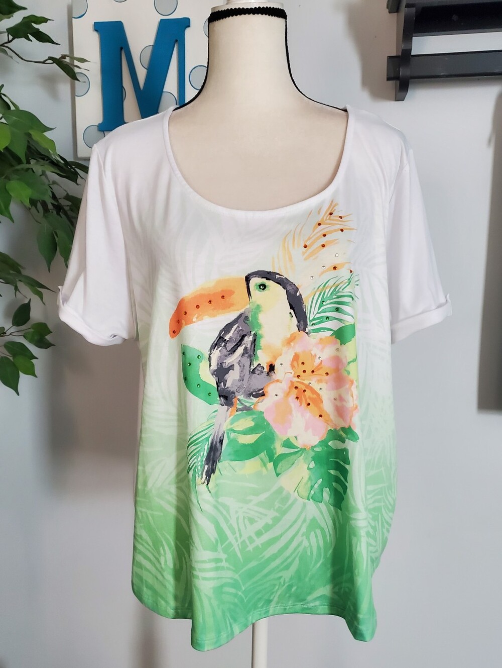 HEARTS OF PALM Tropical Toucan Rhinestone Tee XL